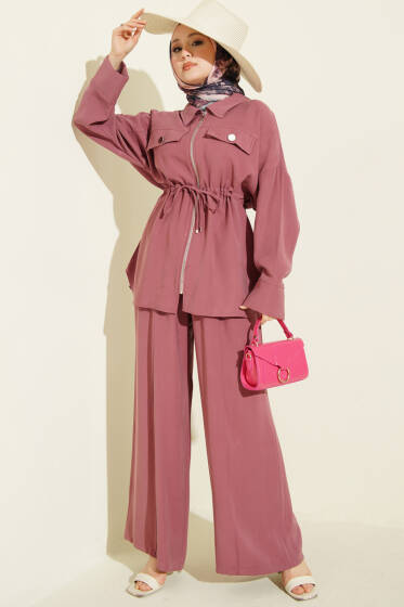 Çift Cep Kapaklı Bel Tünelli Tensel İkili Takım Gül Kurusu - İkili Takım