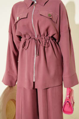 Çift Cep Kapaklı Bel Tünelli Tensel İkili Takım Gül Kurusu - İkili Takım