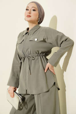 Çift Cep Kapaklı Bel Tünelli Tensel İkili Takım Haki - İkili Takım