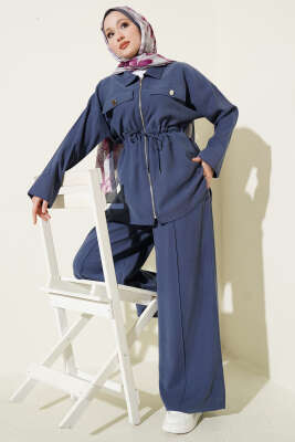 Çift Cep Kapaklı Bel Tünelli Tensel İkili Takım İndigo - BERAT TEKSTİL