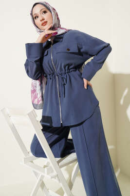 Çift Cep Kapaklı Bel Tünelli Tensel İkili Takım İndigo - İkili Takım