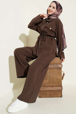 Çift Cep Kapaklı Bel Tünelli Tensel İkili Takım Kahve 