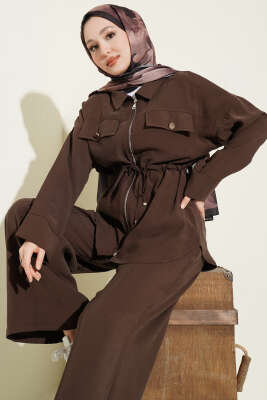 Çift Cep Kapaklı Bel Tünelli Tensel İkili Takım Kahve - İkili Takım