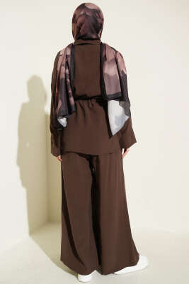 Çift Cep Kapaklı Bel Tünelli Tensel İkili Takım Kahve - İkili Takım