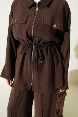 Çift Cep Kapaklı Bel Tünelli Tensel İkili Takım Kahve - İkili Takım