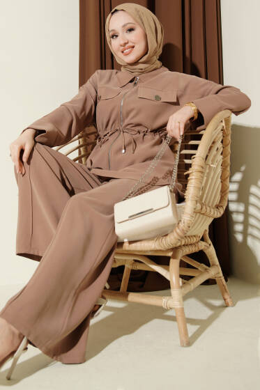 Çift Cep Kapaklı Bel Tünelli Tensel İkili Takım Latte - İkili Takım