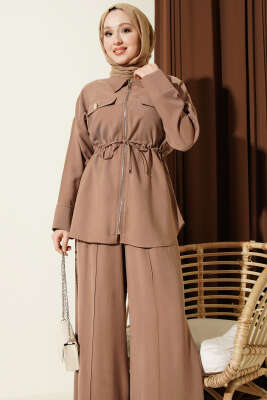 Çift Cep Kapaklı Bel Tünelli Tensel İkili Takım Latte - İkili Takım