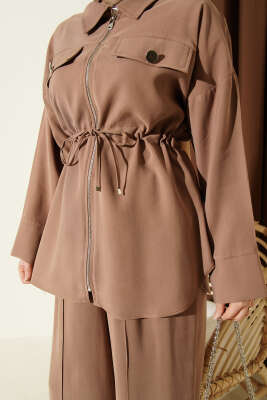 Çift Cep Kapaklı Bel Tünelli Tensel İkili Takım Latte - İkili Takım