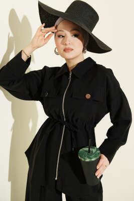 Çift Cep Kapaklı Bel Tünelli Tensel İkili Takım Siyah - BERAT TEKSTİL