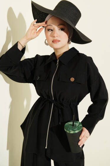 Çift Cep Kapaklı Bel Tünelli Tensel İkili Takım Siyah - İkili Takım