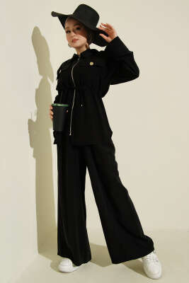 Çift Cep Kapaklı Bel Tünelli Tensel İkili Takım Siyah - İkili Takım