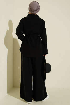 Çift Cep Kapaklı Bel Tünelli Tensel İkili Takım Siyah - İkili Takım