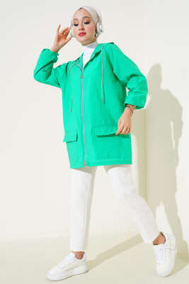 Çift Cep Kapaklı Fermuarlı Kap Neon Yeşil - Kaban