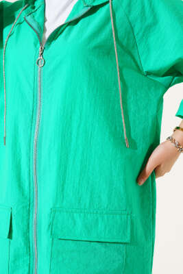 Çift Cep Kapaklı Fermuarlı Kap Neon Yeşil - Kaban