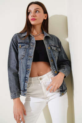 Çift Cep Kapaklı Kısa Kot Ceket Kot Mavisi 