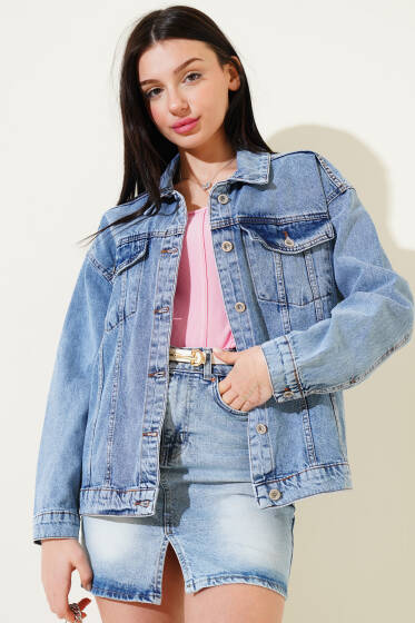 Çift Cep Kapaklı Kısa Kot Ceket Mavi - Kadın Giyim Modelleri