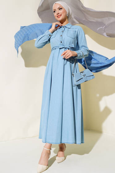 Çift Cep Kapaklı Kot Elbise Buz Mavisi - Elbise