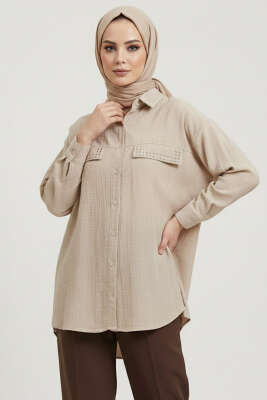 Çift Cep Kapaklı Zımbalı Tunik Bej - NEVA MODA