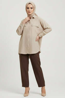 Çift Cep Kapaklı Zımbalı Tunik Bej - Tunik