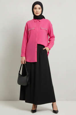Çift Cep Kapaklı Zımbalı Tunik Fuşya - Tunik