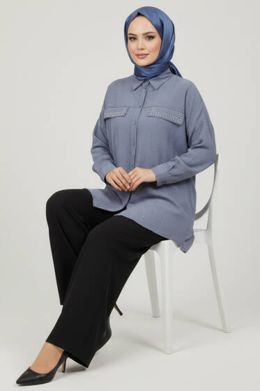 Çift Cep Kapaklı Zımbalı Tunik Gri - Tunik