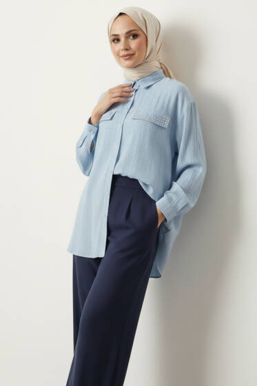Çift Cep Kapaklı Zımbalı Tunik Mavi - Tunik