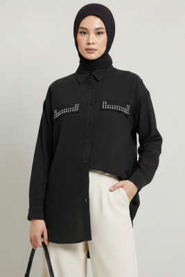 Çift Cep Kapaklı Zımbalı Tunik Siyah - 500-700 TL Ürünler