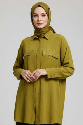 Çift Cep Kapaklı Zımbalı Tunik Yağ Yeşili - NEVA MODA