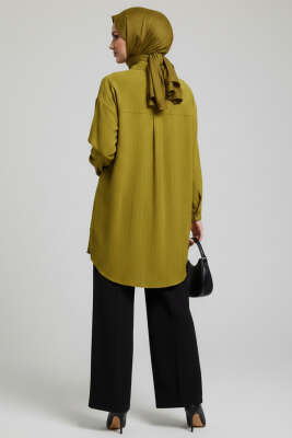 Çift Cep Kapaklı Zımbalı Tunik Yağ Yeşili - Tunik