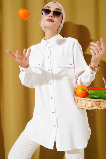 Çift Cepli Ayrobin Gömlek Ekru - Gömlek