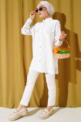 Çift Cepli Ayrobin Gömlek Ekru - Gömlek