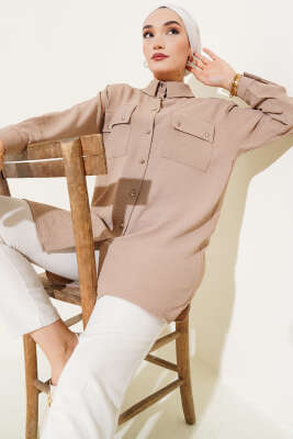 Çift Cepli Ayrobin Gömlek Latte 