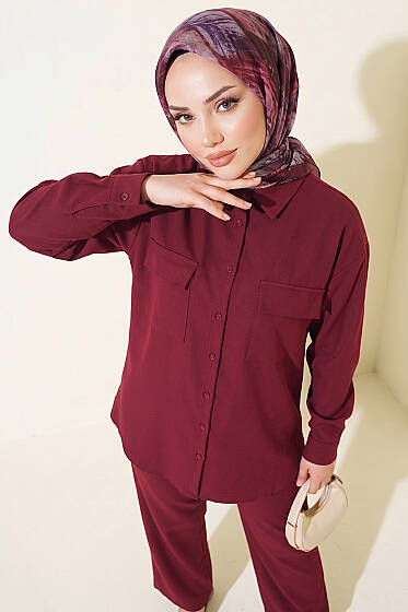 Çift Cepli Basic İkili Takım Bordo - İkili Takım