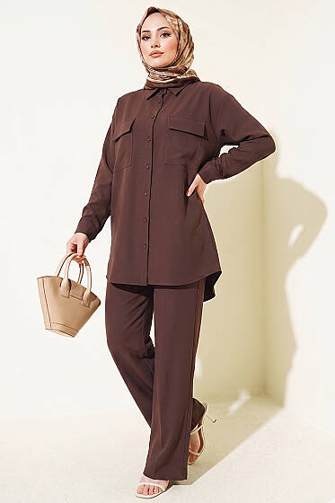 Çift Cepli Basic İkili Takım Kahve - İkili Takım