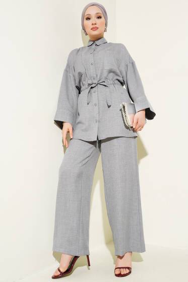 Çift Cepli Bel Bağlamalı İkili Takım Gri - İkili Takım