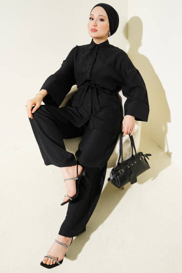 Çift Cepli Bel Bağlamalı İkili Takım Siyah - İkili Takım