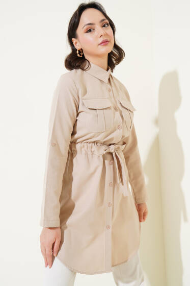 Çift Cepli Bel Lastikli Gömlek Bej - Gömlek