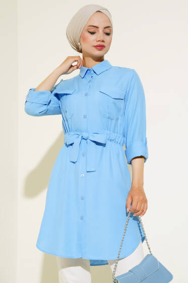 Çift Cepli Bel Lastikli Gömlek Mavi - Gömlek