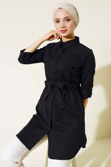 Çift Cepli Bel Lastikli Gömlek Siyah - Gömlek