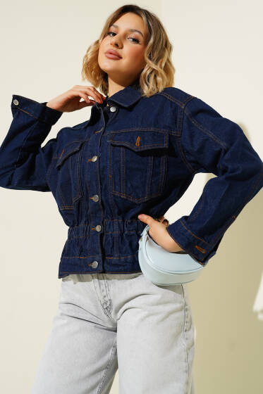 Çift Cepli Bel Lastikli Kot Ceket Lacivert - Kadın Giyim Modelleri