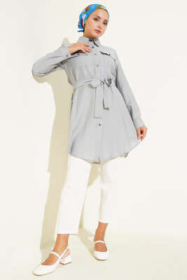 Çift Cepli Belden Bağlamalı Tunik Gri - 300-500 TL Ürünler