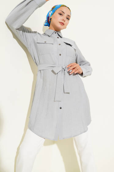 Çift Cepli Belden Bağlamalı Tunik Gri - Tunik