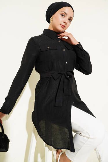Çift Cepli Belden Bağlamalı Tunik Siyah - Tunik