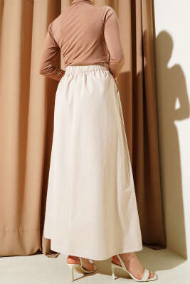 Çift Cepli Beli Lastikli Etek Bej - Uzun Etek