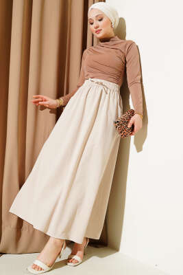 Çift Cepli Beli Lastikli Etek Bej - Uzun Etek