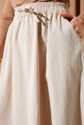 Çift Cepli Beli Lastikli Etek Bej - Uzun Etek