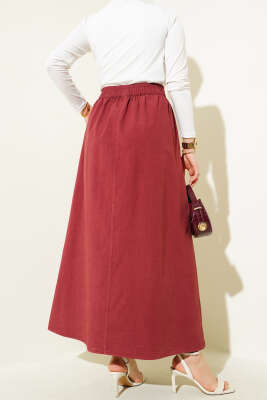 Çift Cepli Beli Lastikli Etek Bordo - Uzun Etek