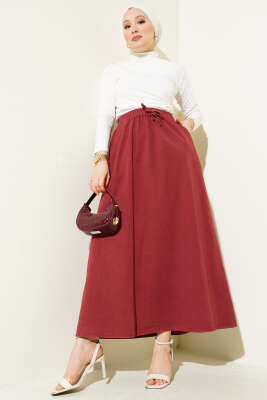 Çift Cepli Beli Lastikli Etek Bordo - Uzun Etek
