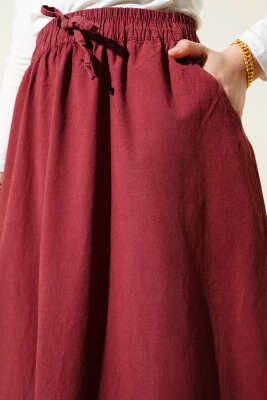 Çift Cepli Beli Lastikli Etek Bordo - Uzun Etek