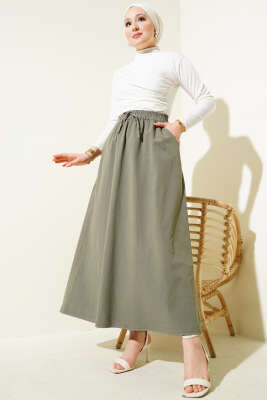 Çift Cepli Beli Lastikli Etek Haki - Uzun Etek